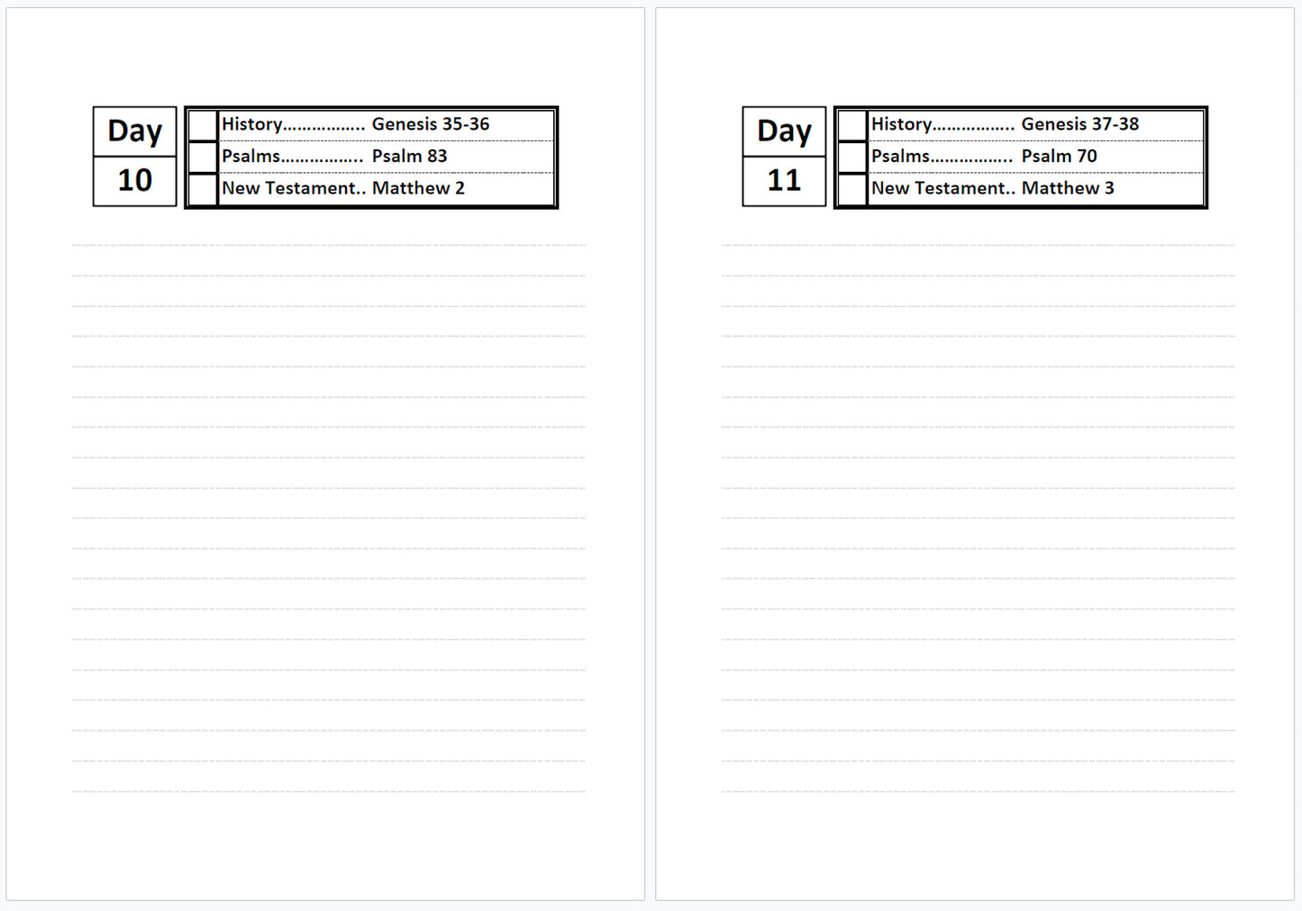 Two pages from a planner or study guide with Bible references on a white background.