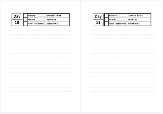 Two pages from a planner or study guide with Bible references on a white background.