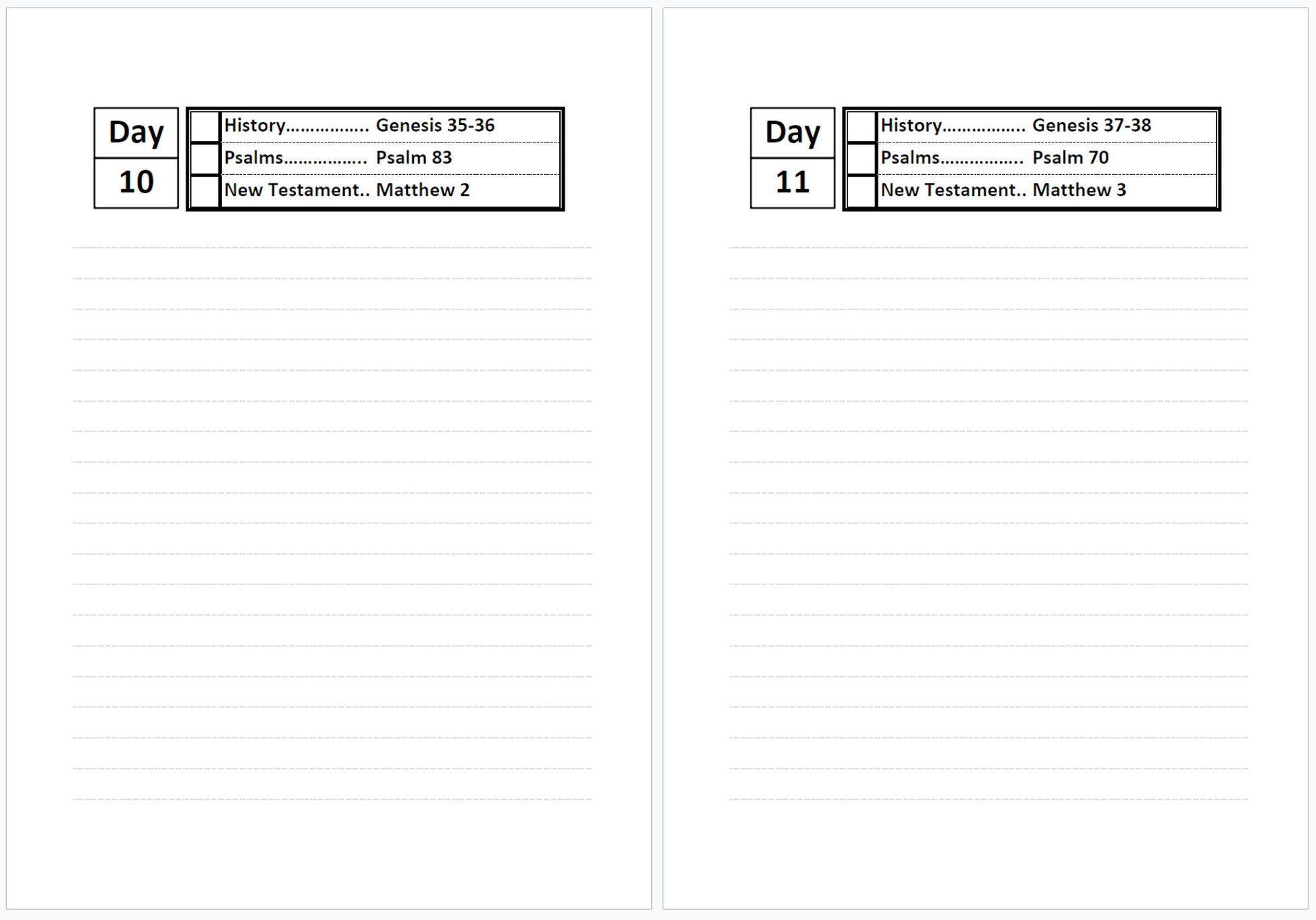 Two pages from a planner or study guide with Bible references on a white background.