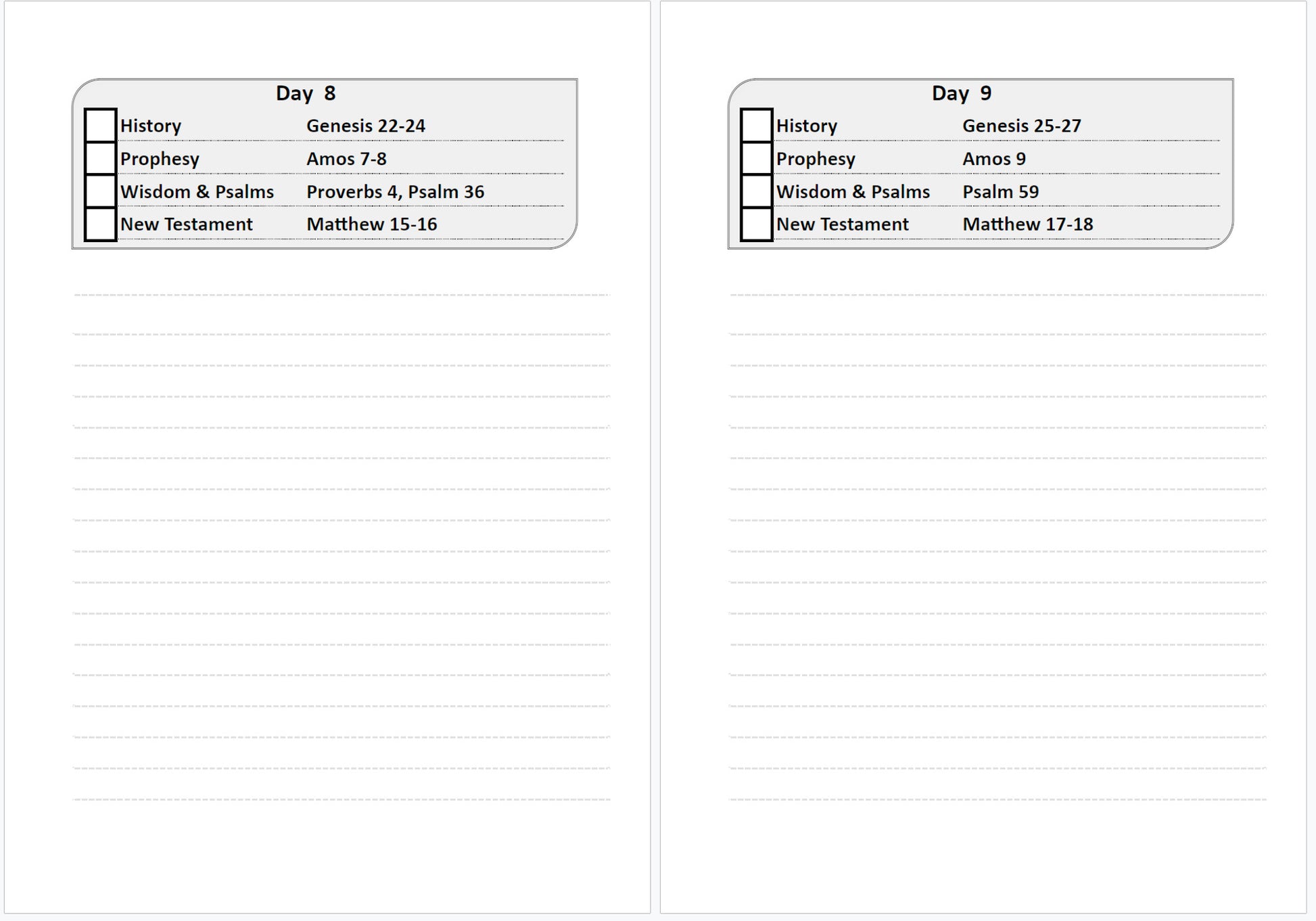 Two pages from a planner or study guide showing biblical references for Days 8 and 9.