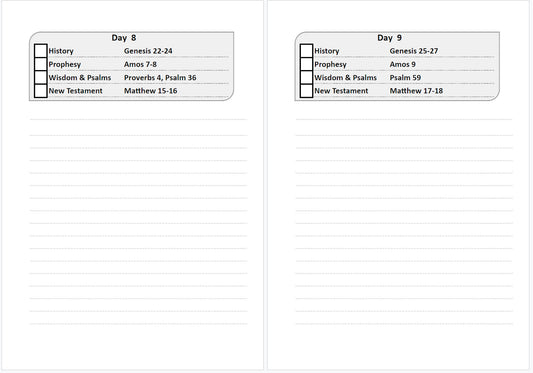 Two pages from a planner or study guide showing biblical references for Days 8 and 9.